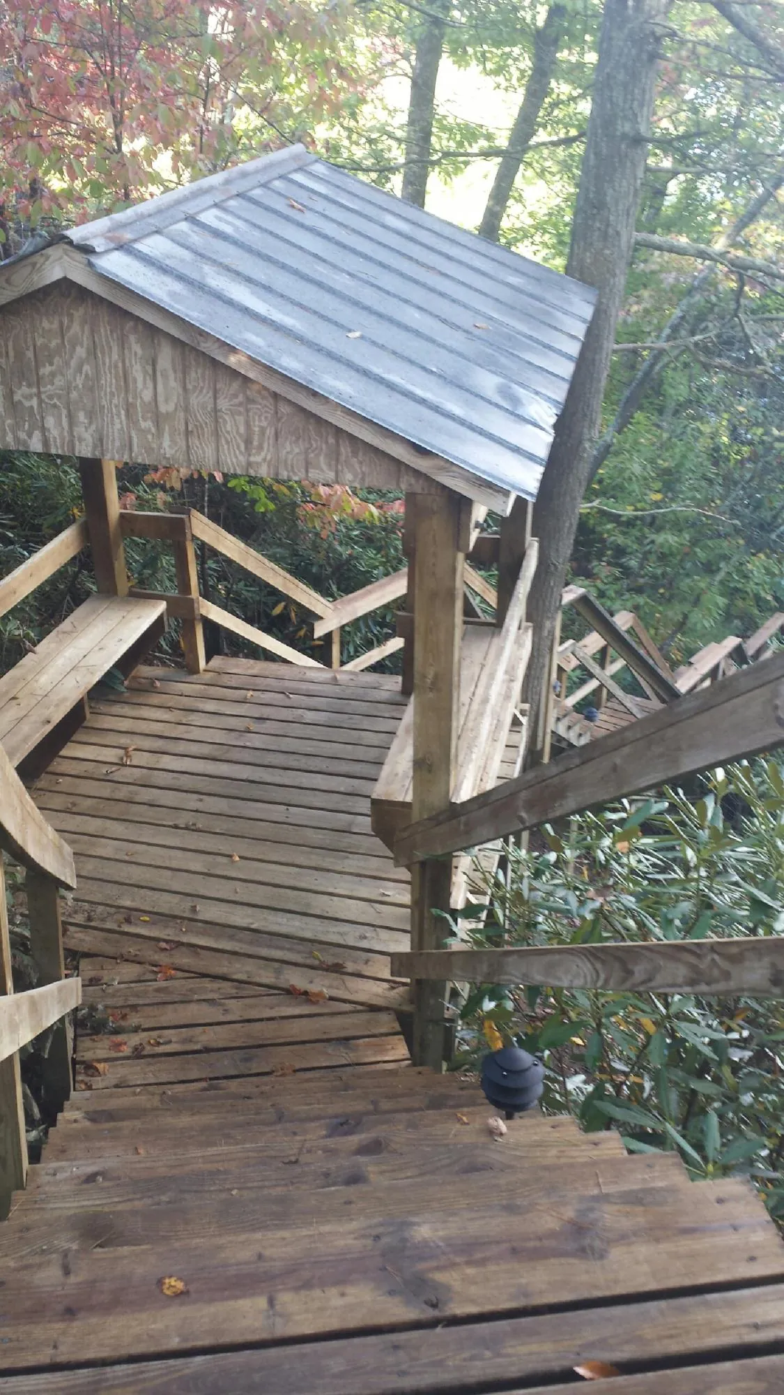 Metal roofed shelter over wooden steps on a wooded walkway — Skylight Repair & Installation work by our crew in Gadsden